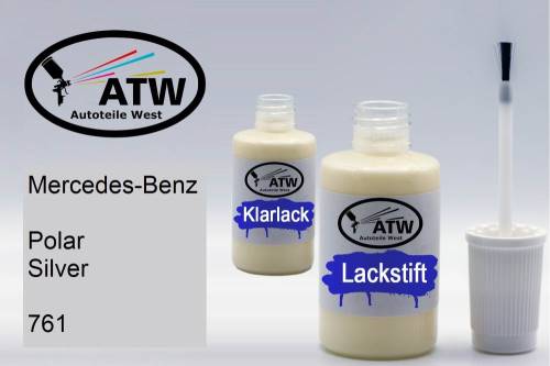 Mercedes-Benz, Polar Silver, 761: 20ml Lackstift + 20ml Klarlack - Set, von ATW Autoteile West.